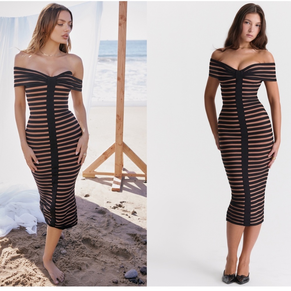 HOUSE OF CB 'Petra' Striped Bandage Midi Dress black NWOT size XS - Picture 2 of 15